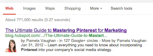 SEO5.png Google search result for a HubSpot blog post titled “The Ultimate Guide to Mastering Pinterest for Marketing,” with an author thumbnail.