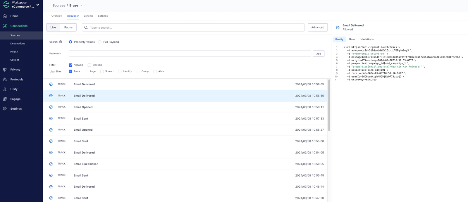 Debugger view in a data platform showing real-time events for email activities such as delivery, open, and click, with detailed event payload on the right.