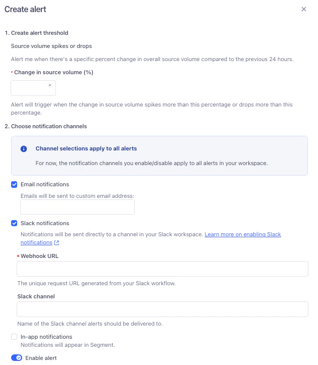 Alert creation form with fields for setting source volume change thresholds and selecting notification channels like email and Slack.