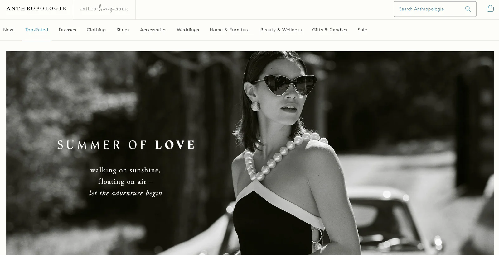 Stylish woman in sunglasses and pearl necklace posing outside near a vintage car with summer theme text.