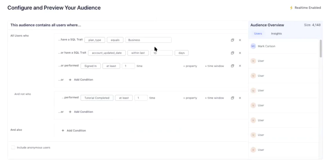 Audience configuration screen with multiple filtering conditions, including SQL trait values, date ranges, and login counts, with a sidebar showing user insights.