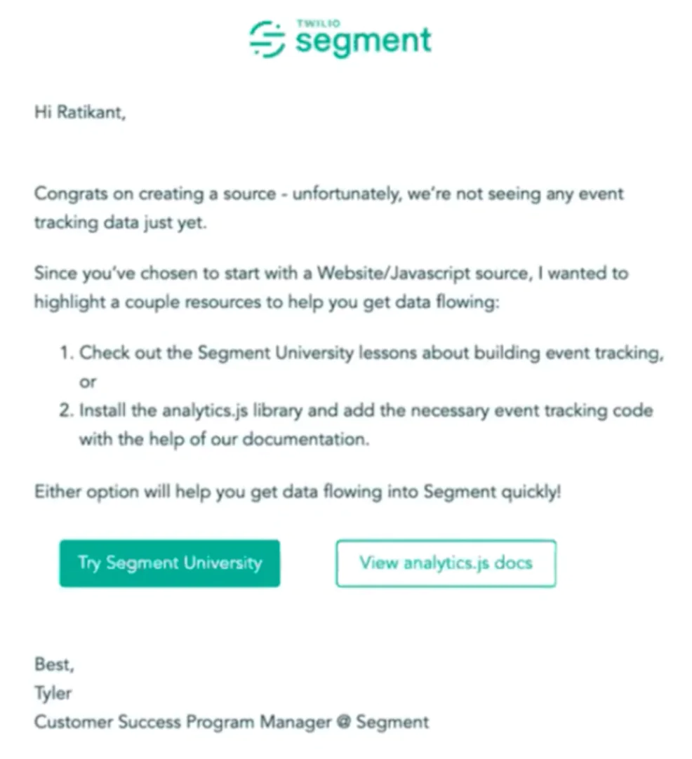 Email from Segment with instructions for setting up event tracking, including buttons to "Try Segment University" and "View analytics.js docs."