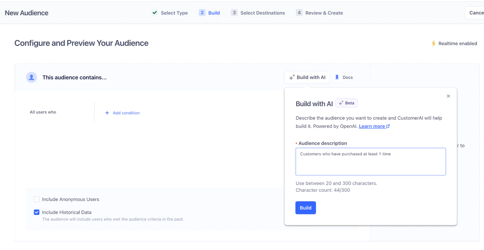 An screenshot of an online platform showing the process of creating an audience, with steps at the top, options for audience criteria, and a pop-up to build the audience with AI using a description of customers who have purchased at least once.