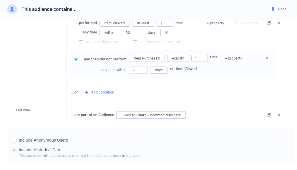 A screenshot of an audience creation interface showing detailed filters for engagement, purchase history, and audience membership criteria, with options to include anonymous users and historical data.