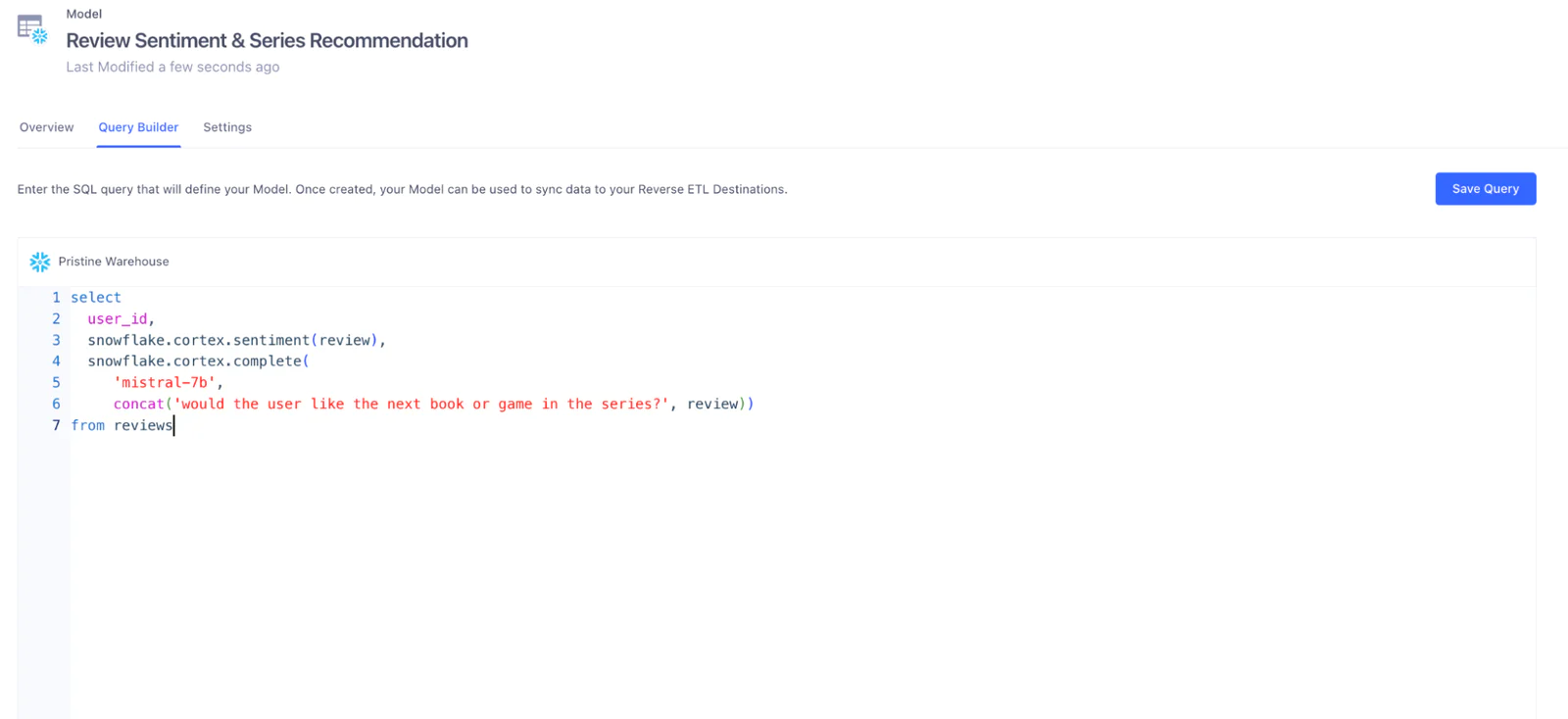 Interface for modeling review sentiment and recommendation in a data warehouse, showing an SQL query using Snowflake Cortex functions.