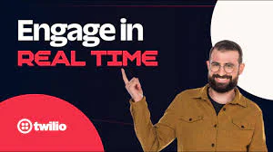 Man pointing to text Engage in Real Time with Twilio logo