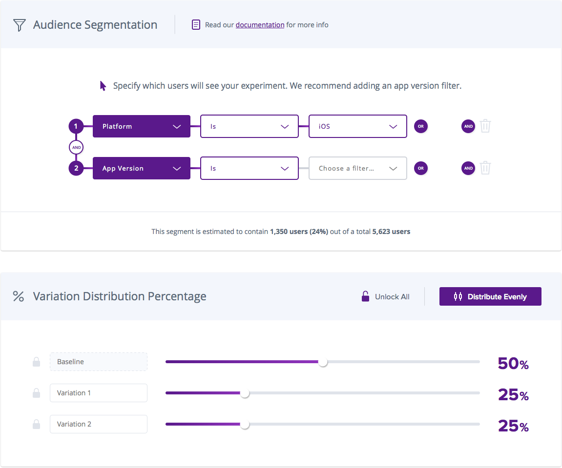 A user interface screen for segmenting users based on app version and platform, with toggles for filters, sliders to set distribution percentages for different variants, and a description indicating the segment contains approximately 1,350 users (24%) out of 5,623 total.