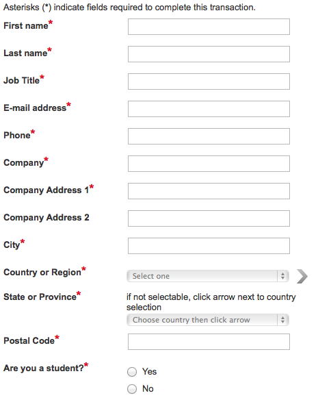 A form for user registration or data collection, requesting personal and company information such as name, email, phone, company address, city, country/region, postal code, and a question about student status, with mandatory fields marked by red asterisks.