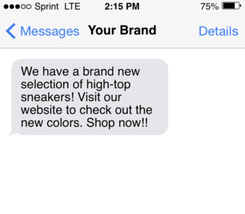 Text message from a brand promoting a new selection of sneakers and inviting customers to visit the website.