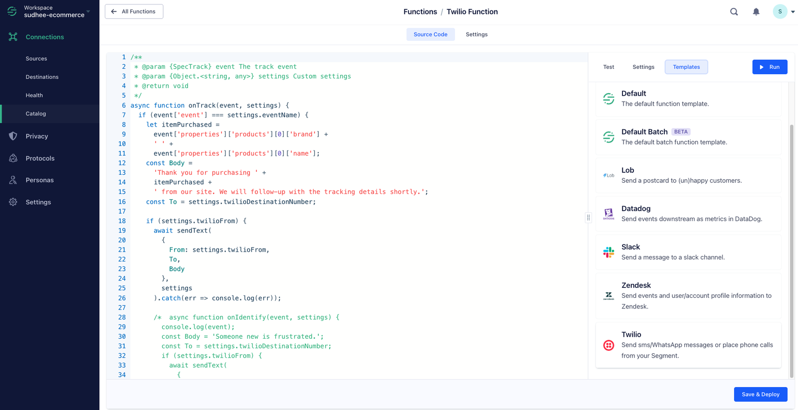 Code editor window showing a Node.js script that sends a message to a Twilio destination, with a list of available templates on the right and a "Save & Deploy" button.