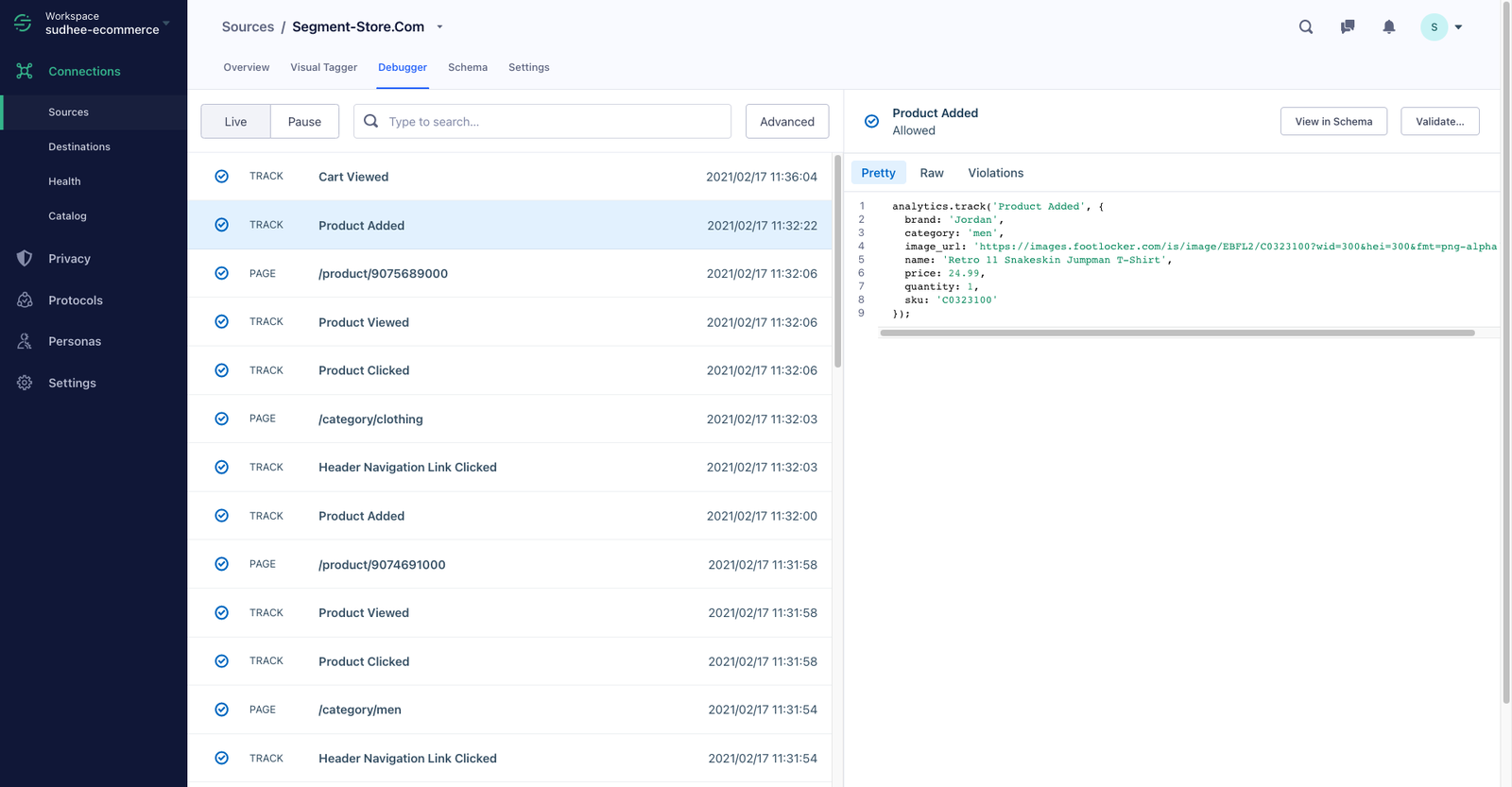 Debugging interface showing event tracking logs with a list of recorded events and their details, including timestamps and data payloads.