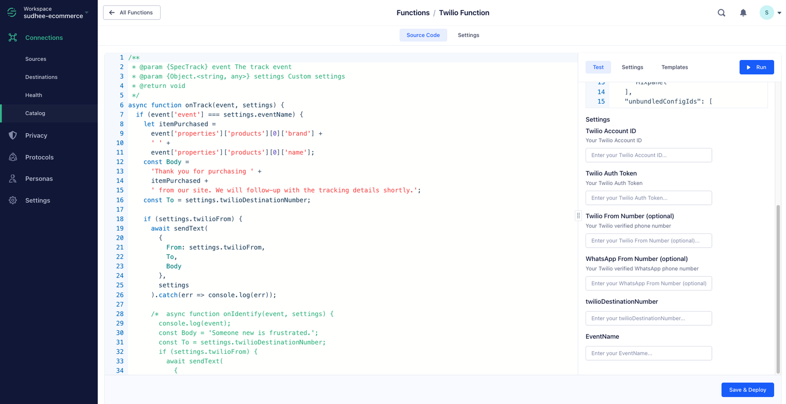 Code editor window showing a Twilio Function script for sending messages, with input fields for various configuration parameters and a "Save & Deploy" button.