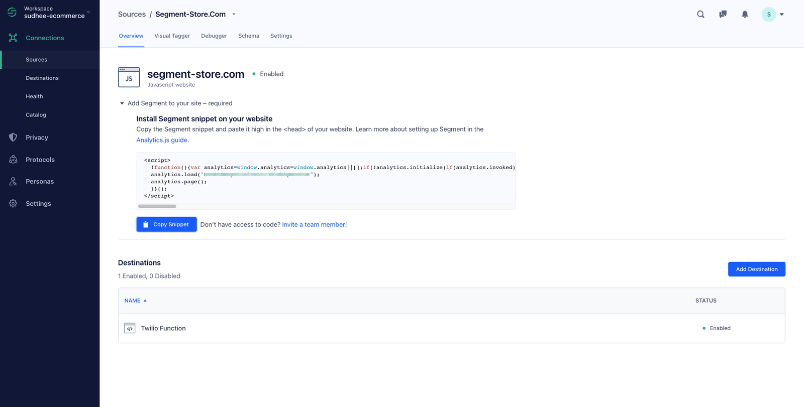 Twilio Segment source page with installation instructions for a Javascript snippet and a function to load analytics, showing the source status and a Twilio Function destination.