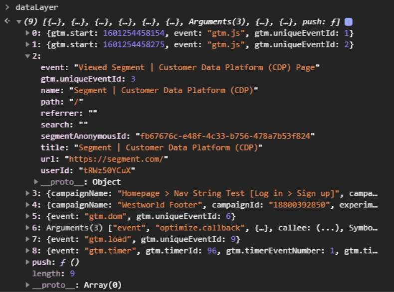 JSON-formatted data layer containing timestamped event entries with properties such as campaign name, URL, user ID, event type, and arguments.