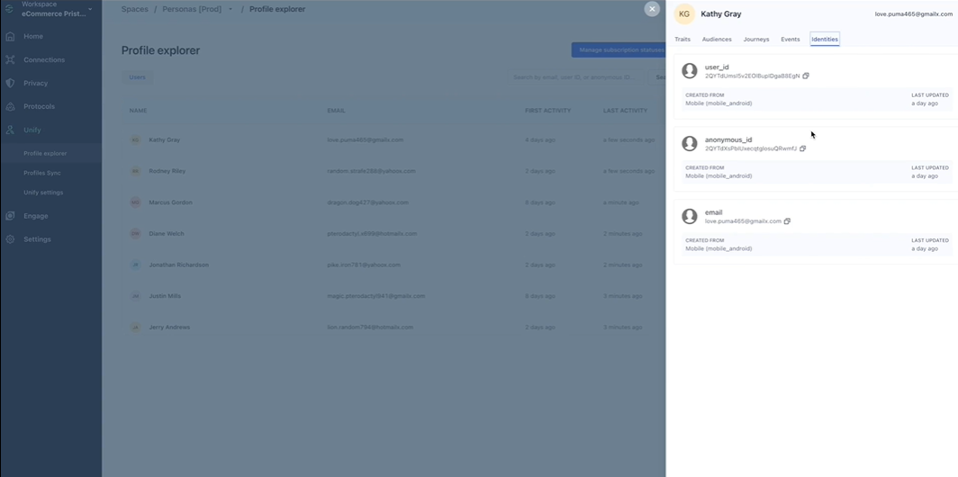 A user interface showing a list of user profiles with names, emails, activity dates, and a detailed panel for one user displaying their IDs and linked activity types.