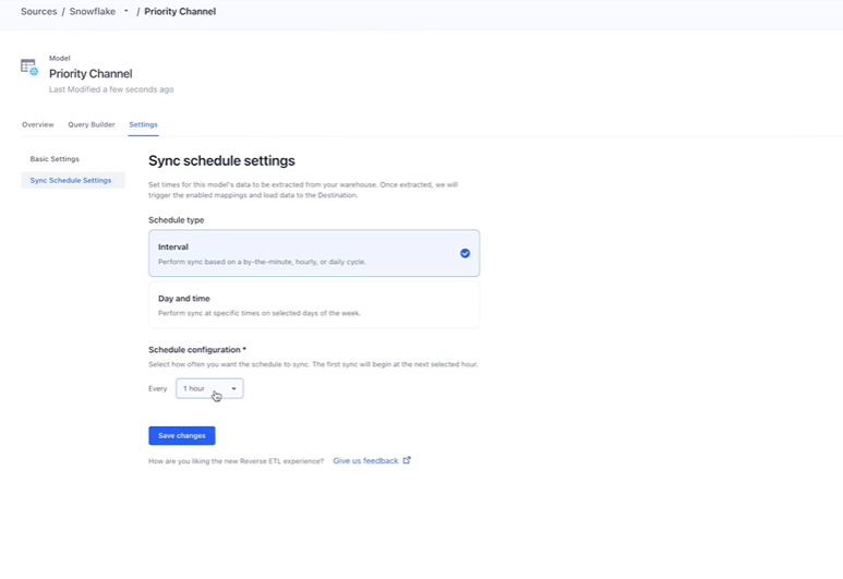 A settings page for configuring sync schedule intervals (e.g., every hour) for a data model, with options to save changes.