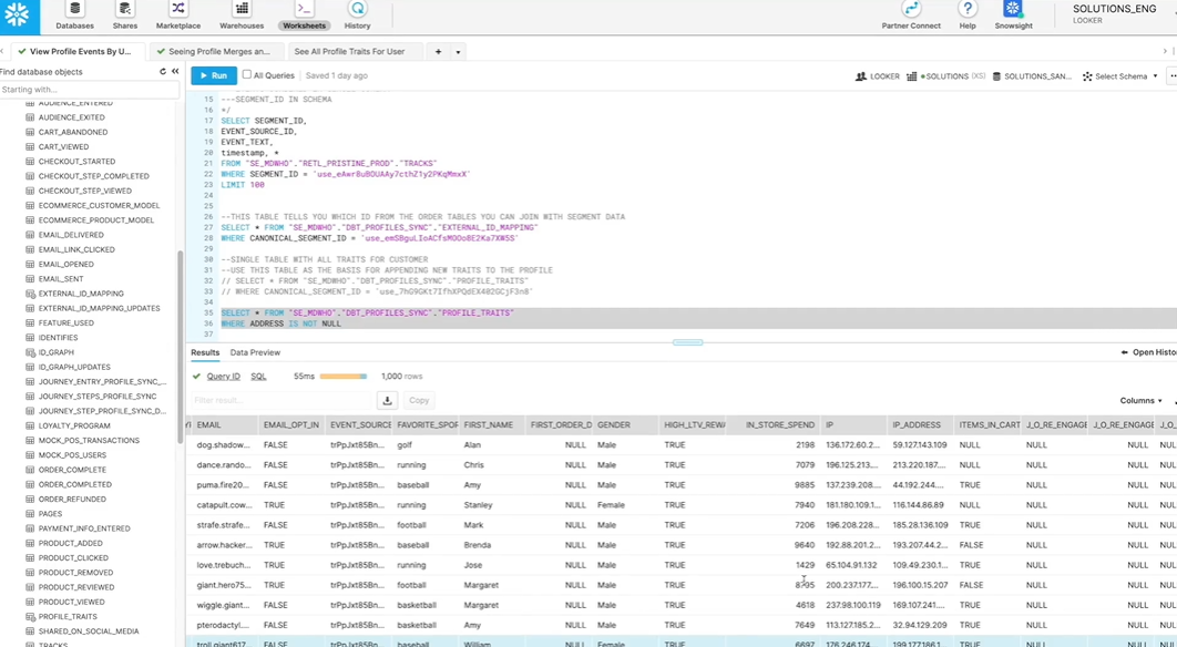 SQL query editor with highlighted code and a table preview of user profile data, showing columns for email, preferences, and traits.