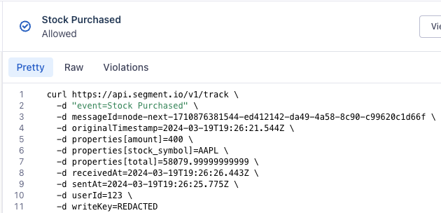 A JSON payload for a stock purchase event including details such as stock symbol, message ID, timestamps, amount, user ID, and write key, used for data tracking or analytics.