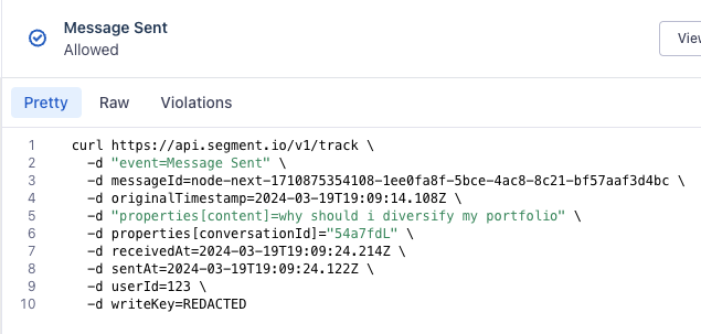 A screenshot of a command line curl request sending a tracking event to an API endpoint, including event details such as event type, message ID, timestamps, user ID, and write key.