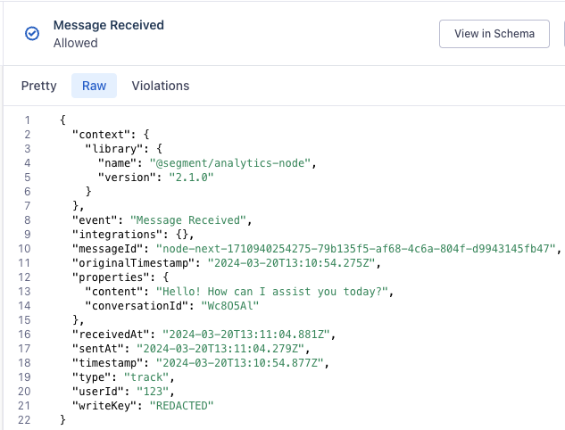 A JSON-formatted data sample depicting a message received event, including context details, timestamps, message ID, conversation ID, content, user ID, and write key, used for data tracking or analytics.