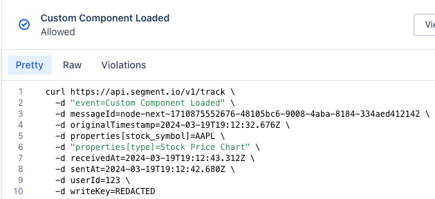 A JSON payload for a stock price query event that includes the event type, message ID, timestamps, stock symbol, user ID, and write key, used for data tracking or analytics.