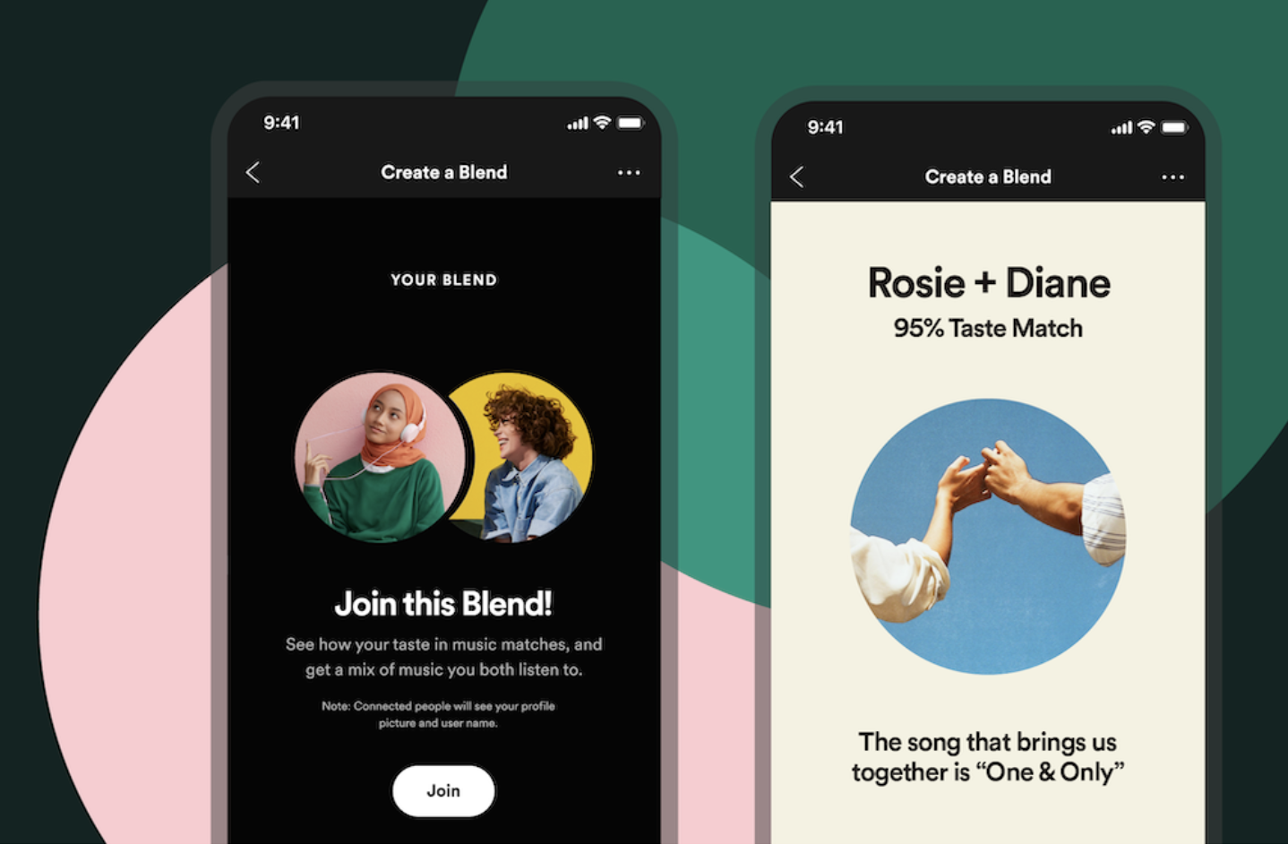 Two mobile screens of Spotify’s Blend feature: left invites “Join this Blend”; right shows “Rosie + Diane — 95% Taste Match” and the song that brings them together.