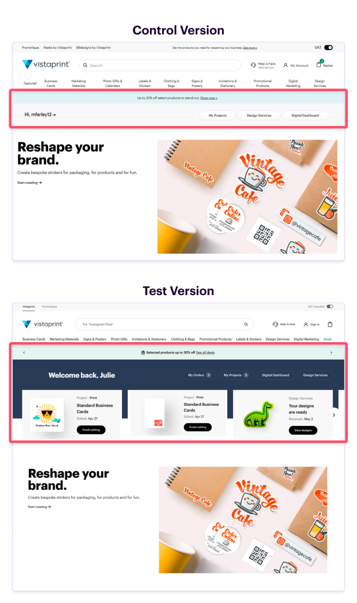 Website A/B test: Control homepage with a slim light banner and generic links vs Test version with a large dark personalized “Welcome back” dashboard carousel and quick links.