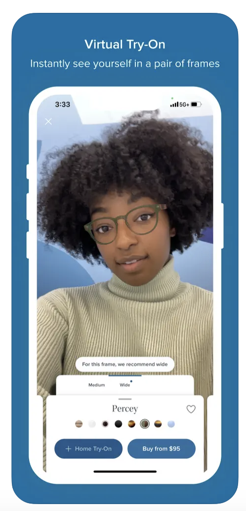 Virtual Try‑On eyewear app screen showing a person previewing glasses, with frame size/color options and buttons for Home Try‑On or Buy from $95.
