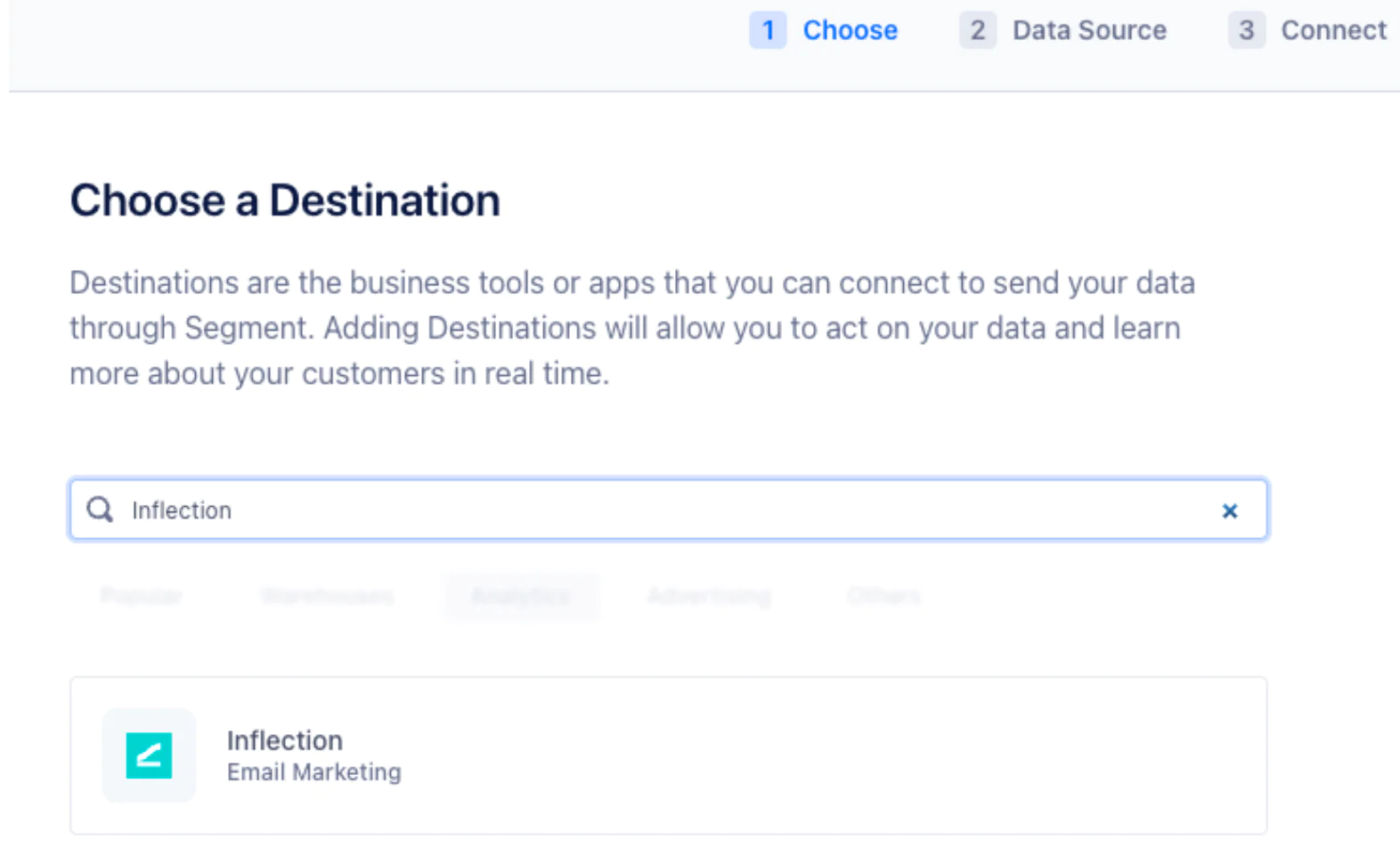 Twilio Segment setup screen titled “Choose a Destination,” showing a search box with “Inflection” entered and a result card for the Inflection email marketing destination.