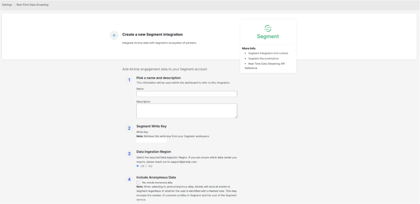 Setup page titled “Create a new Twilio Segment integration,” with fields to name and describe the integration, enter a Twilio Segment write key, choose a US or EU data ingestion region, and optionally include anonymous data, alongside a Twilio Segment info panel on the right.