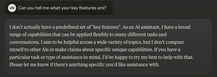 Screenshot of AI assistant responding about its key features and capabilities