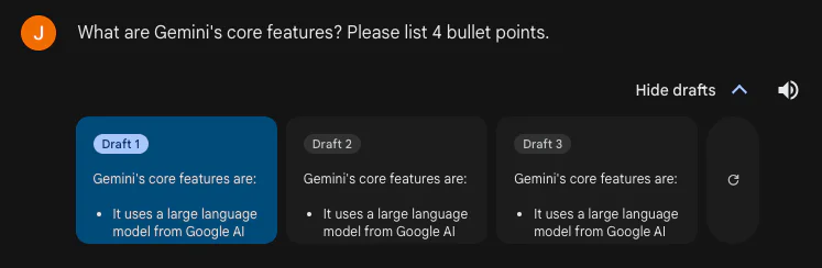 Drafts of Gemini's core features using a large language model from Google AI.