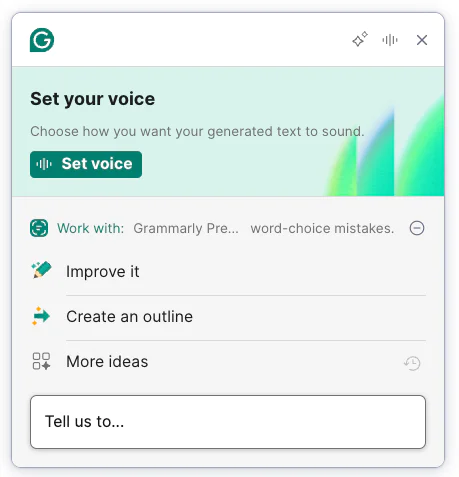 Grammarly interface with Set your voice and options for improving text.
