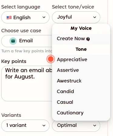 Email writing interface with language, tone, use case options, and key points highlighting joyful tone selection.
