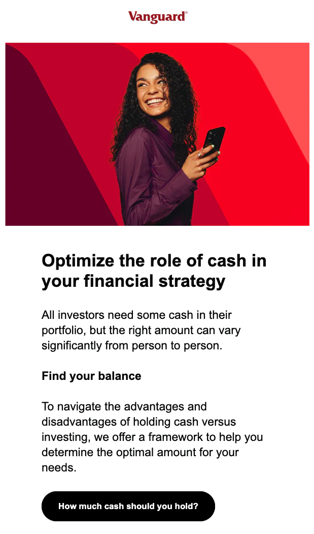 Vanguard Financial Strategy Cash Optimization Woman smiling and holding a phone with text about optimizing cash in financial strategy by Vanguard.