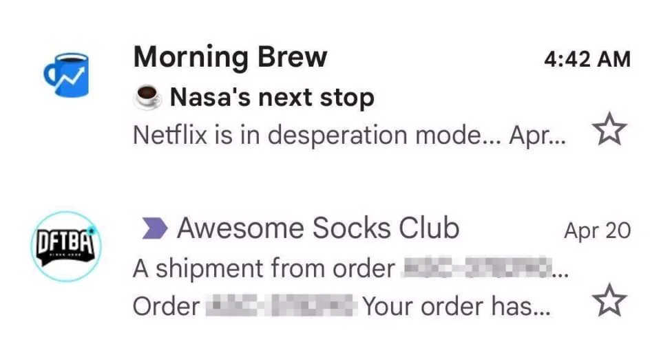 Email Notifications Display with Unread Messages Screenshot of email notifications from Morning Brew and Awesome Socks Club showing unread messages.