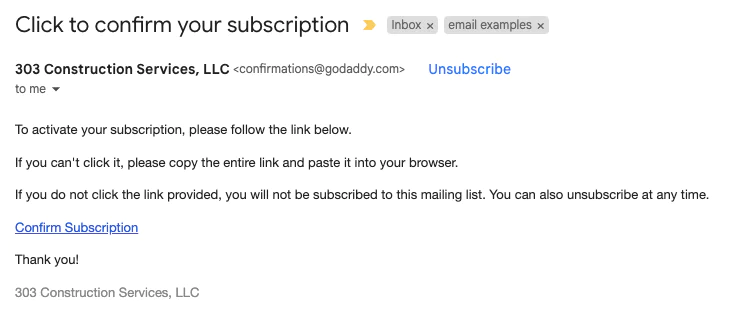 Mount Lai Subscription Confirmation Email Email asking Mount Lai subscribers to confirm their subscription