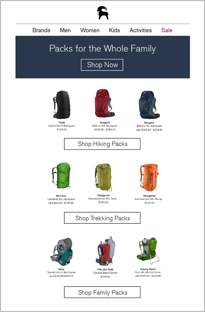 Backcountry sends personalized emails with separate categories broken out by specific use cases. Backcountry sends personalized emails with separate categories broken out by specific use cases.
