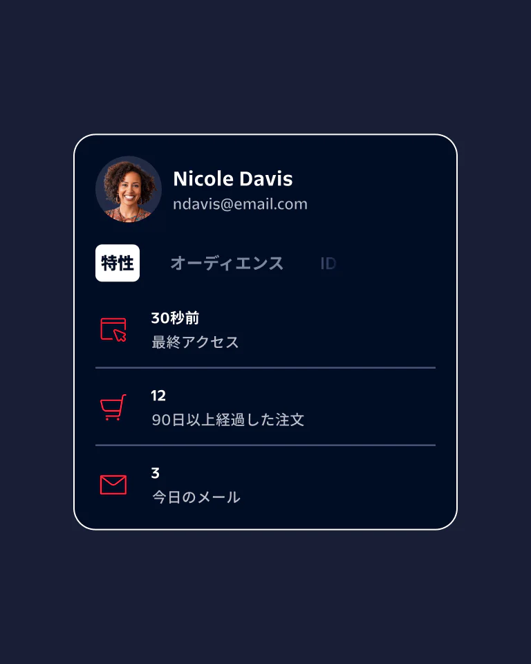 Profile card displaying a user's name, email, and recent activity on a dark background.
