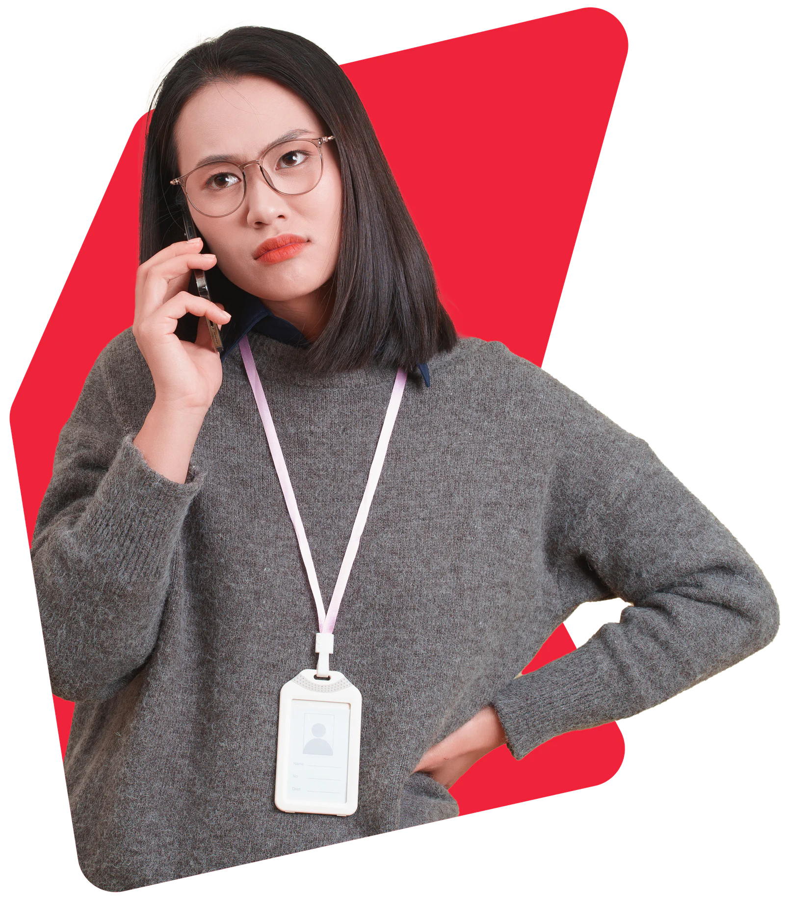Woman holding a phone to her ear, looking thoughtful with finger on her lips, wearing a yellow shirt and a watch.