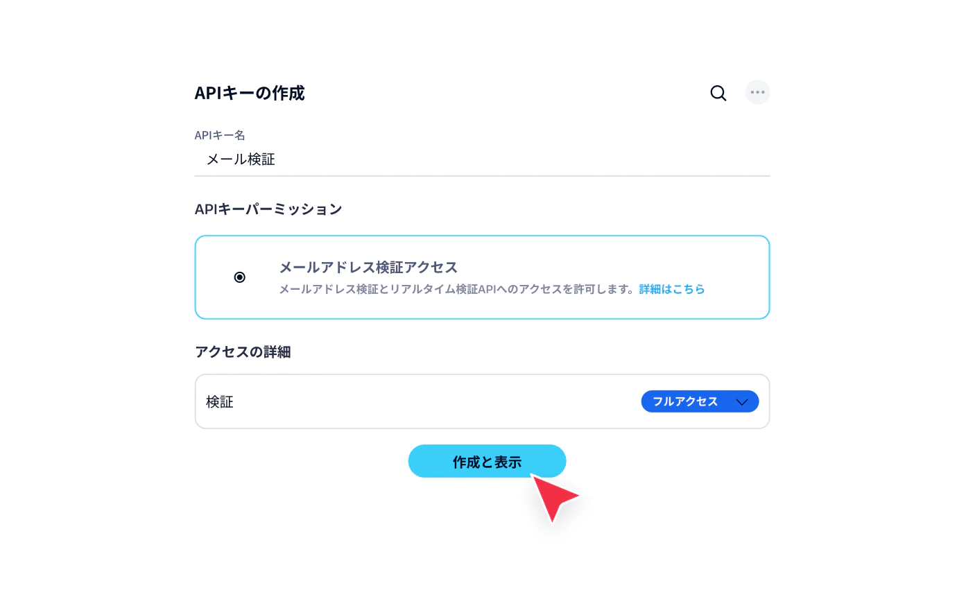 Interface for generating an API key with email validation permissions and access settings.