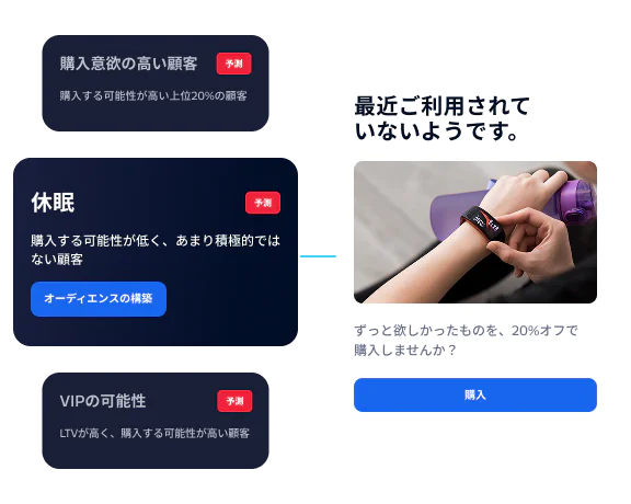 Segmented audience groups with labels Ready to buy, Dormant, and Potential VIPs, alongside a promotion.