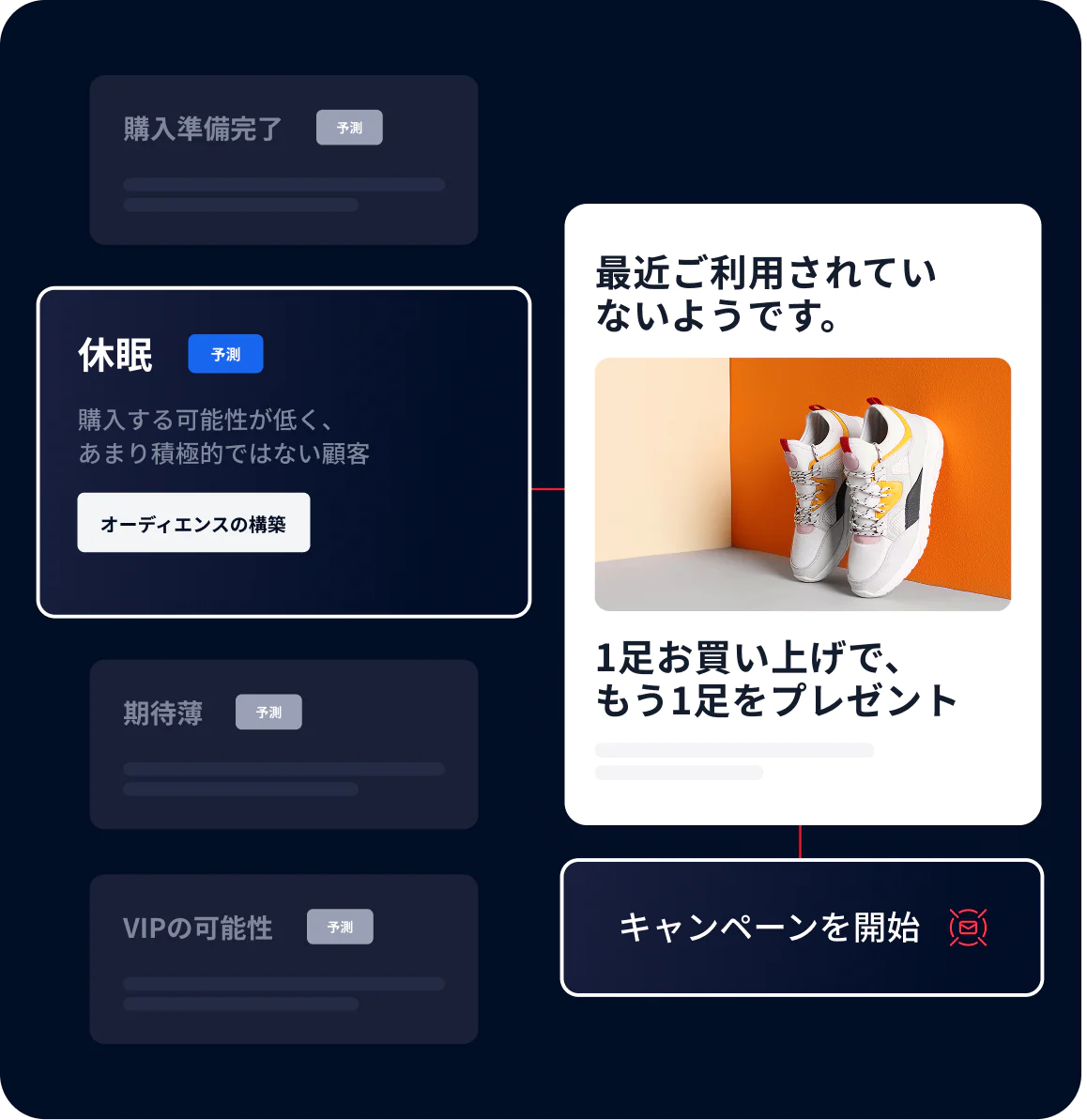 Marketing Dashboard Highlighting Dormant Customer Segment and Campaign Opportunities Marketing dashboard showing dormant customers and a campaign offering a free pair of shoes with a purchase