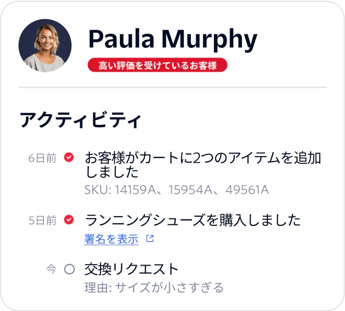 A dashboard showing Paula Murphy's recent shopping activity and her status as a highly valued customer.