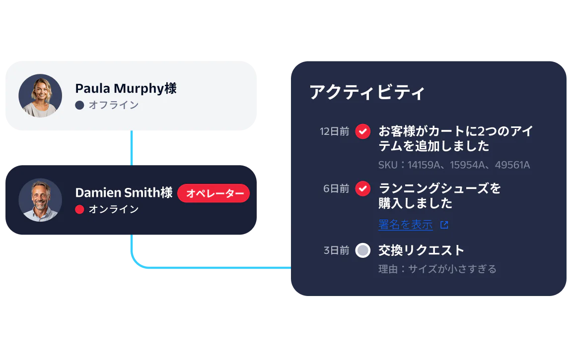Dashboard displaying user status, recent activities, and an agent's online availability.