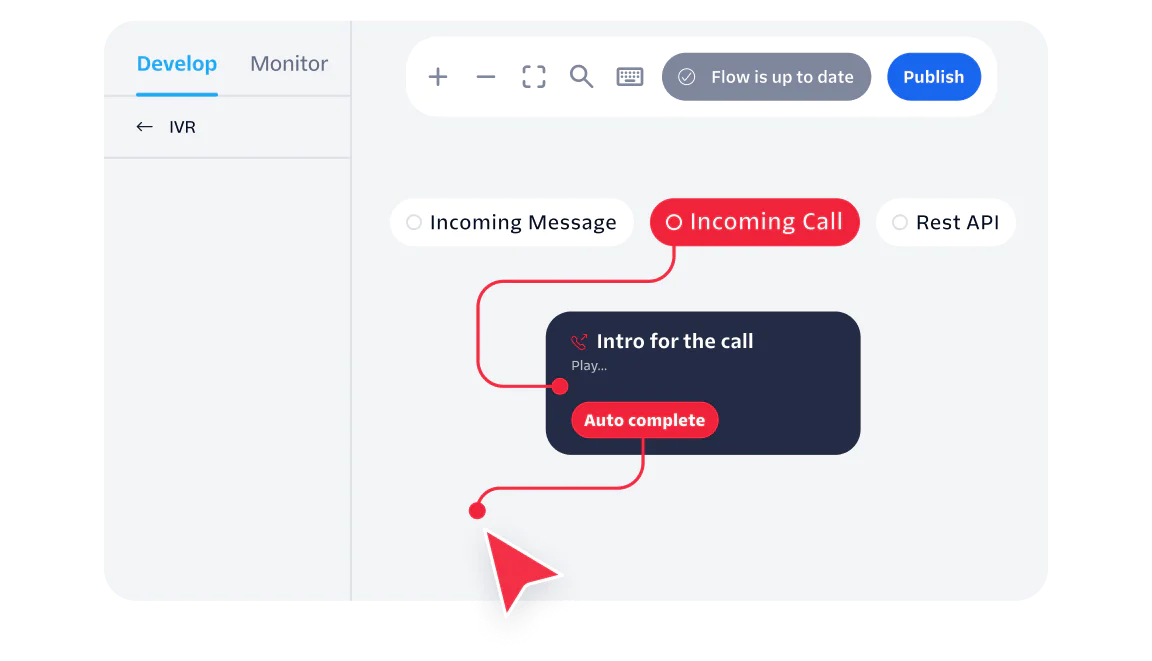 Software interface showing an IVR system design with options for incoming messages, calls, and API actions.