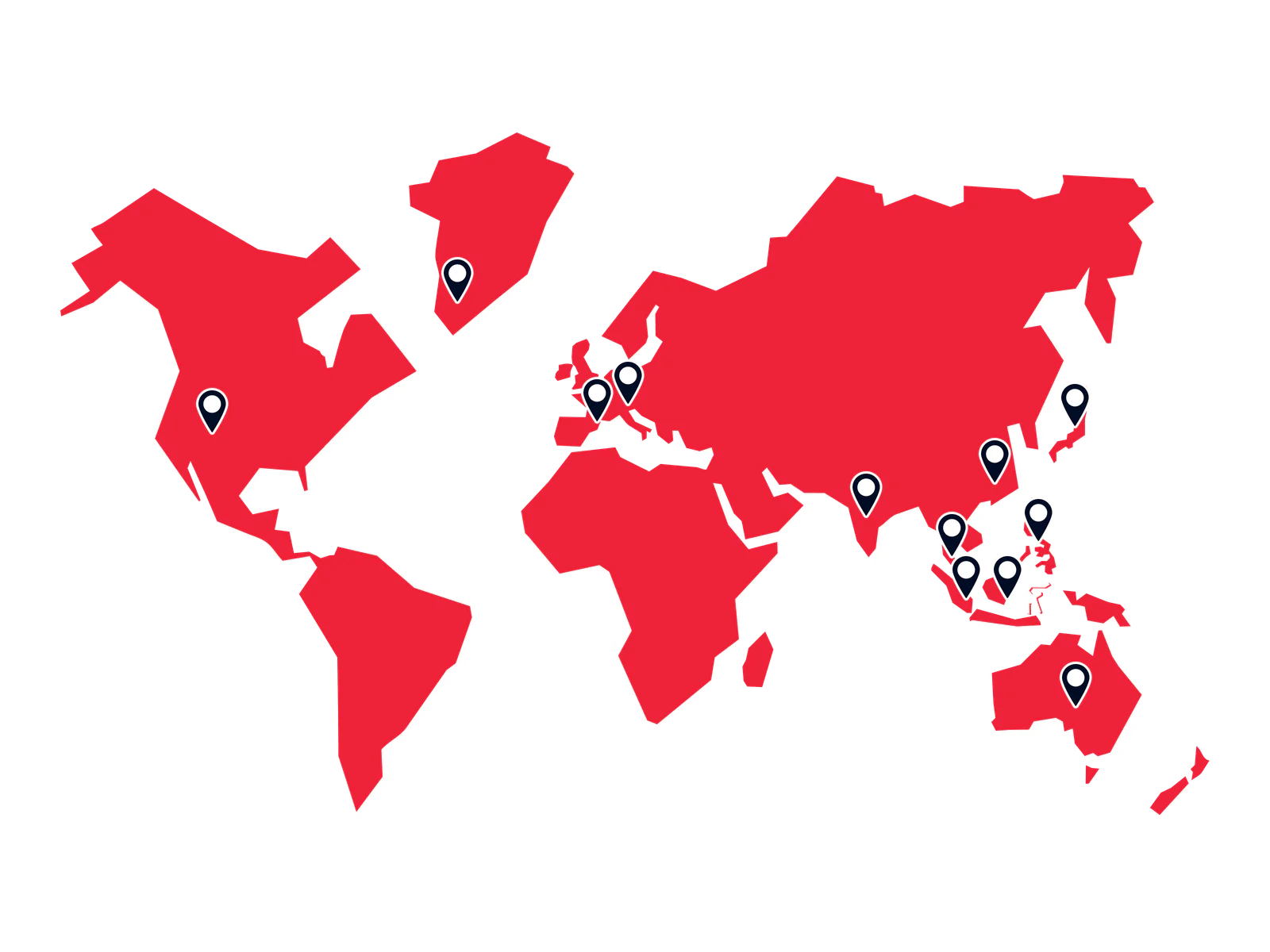 A red world map with nine locations marked by pins across various continents.
