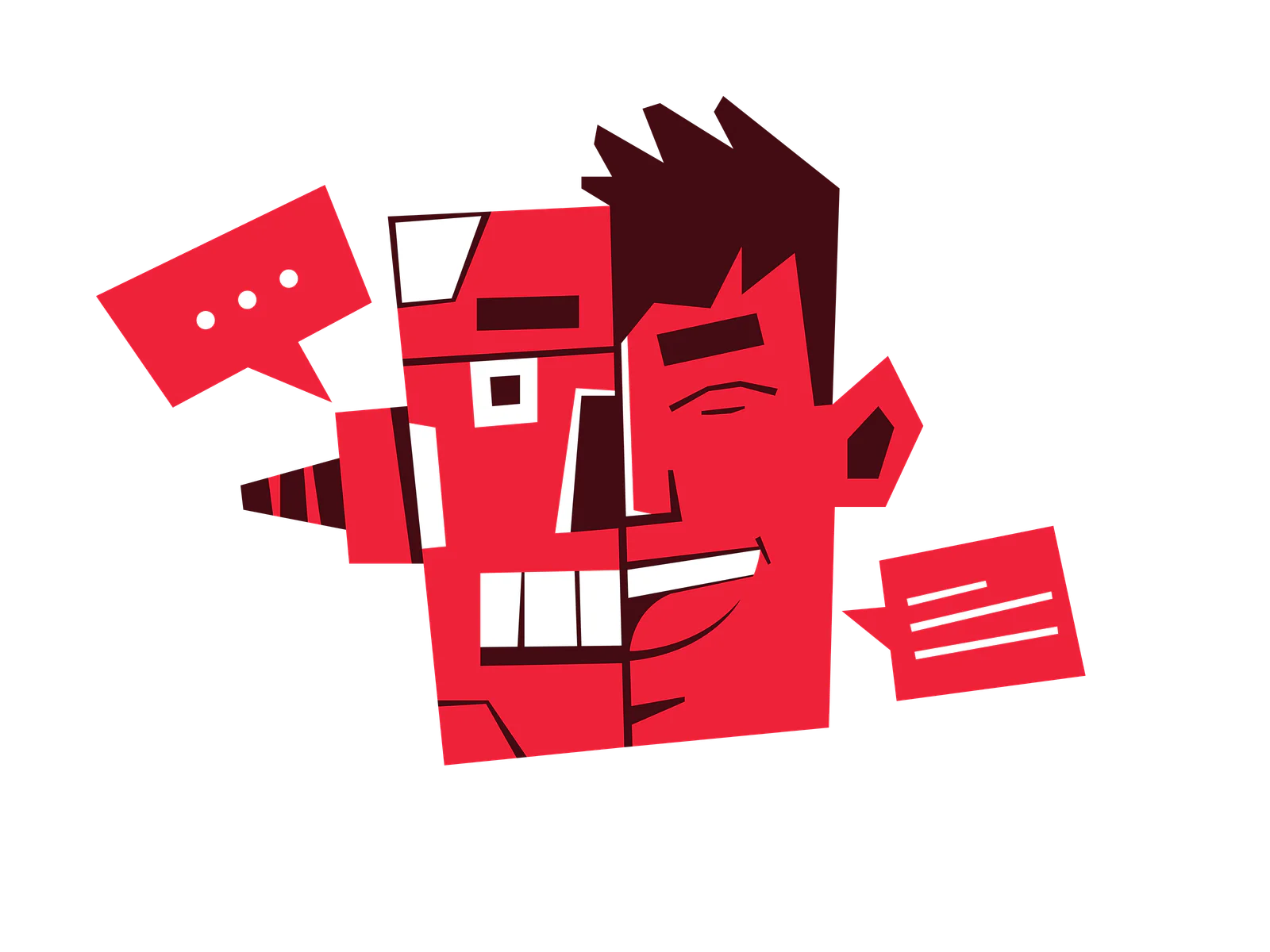 Half robot, half human face with speech bubbles saying HI! and HOW CAN I HELP YOU?