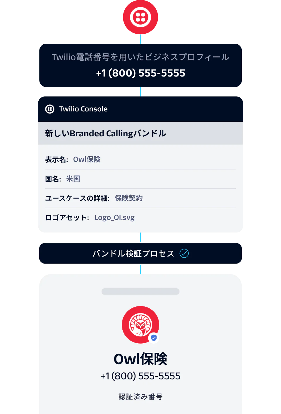 Illustration showing the verification process of Owl Insurance business profile with Twilio phone number +1 (800) 555-5555.