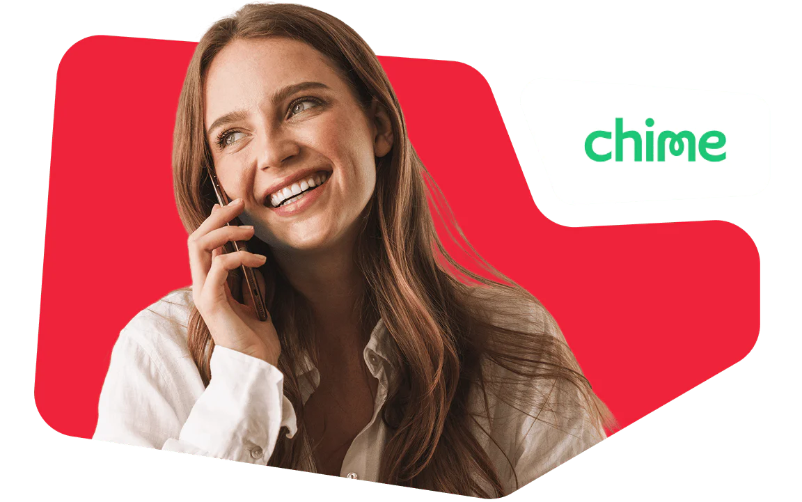 Woman smiling and talking on phone, Chime logo on a red background